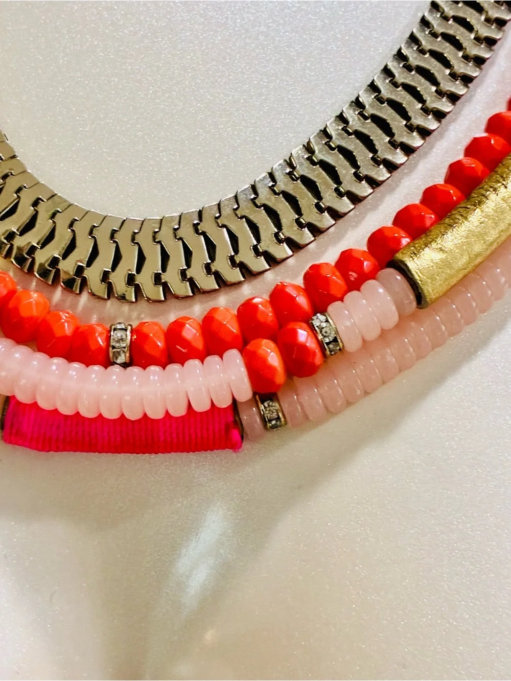 Layered Pink & Coral Beaded Statement Necklace with Gold Accents